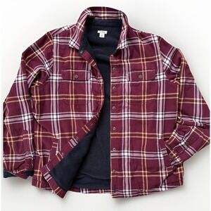 LL Bean Womens Fleece Lined Flannel Jacket S Snap Shacket Burgundy Plaid Shirt